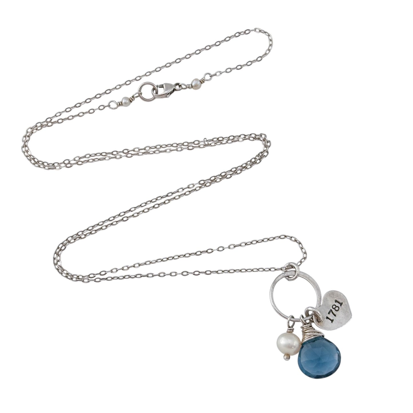Vintage Sterling Silver 925 Pearl Blue Glass Necklace 20.5"