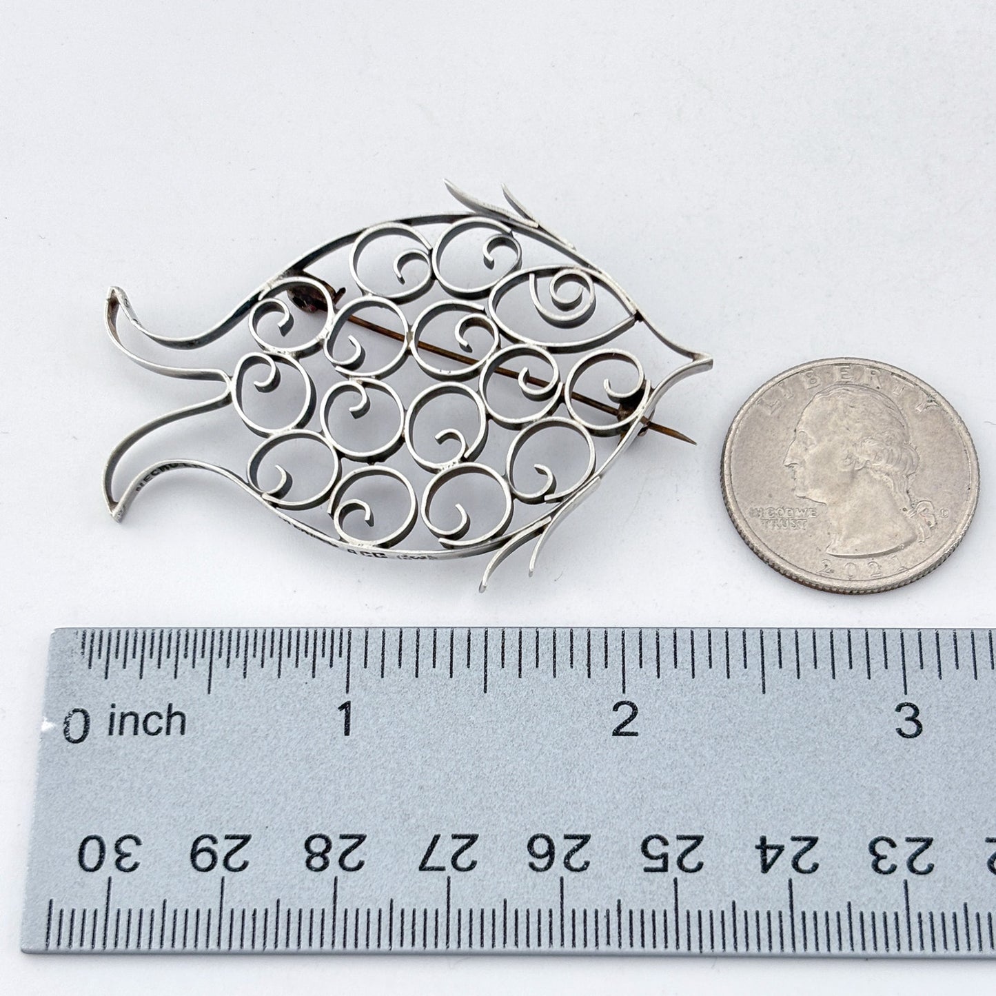Vintage Mexico Taxco Sterling Silver 925 Fish Filigree Brooch