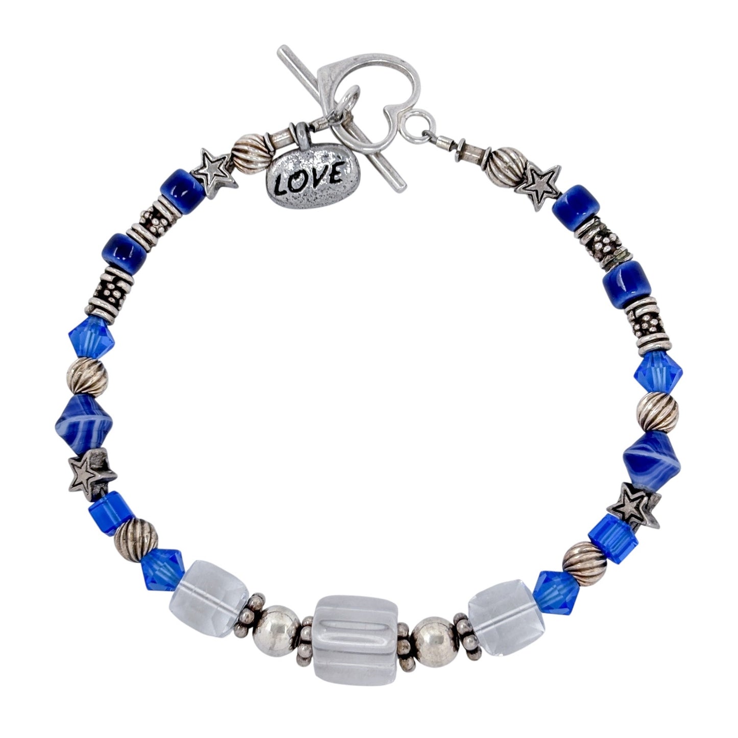 Vintage Sterling Silver 925 Blue Crystal Love Charm Bracelet 8.5"