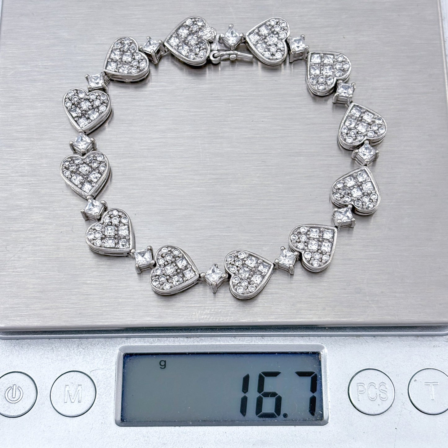 Vintage Sterling Silver 925 Cubic Zirconia Heart Bracelet 7.25"