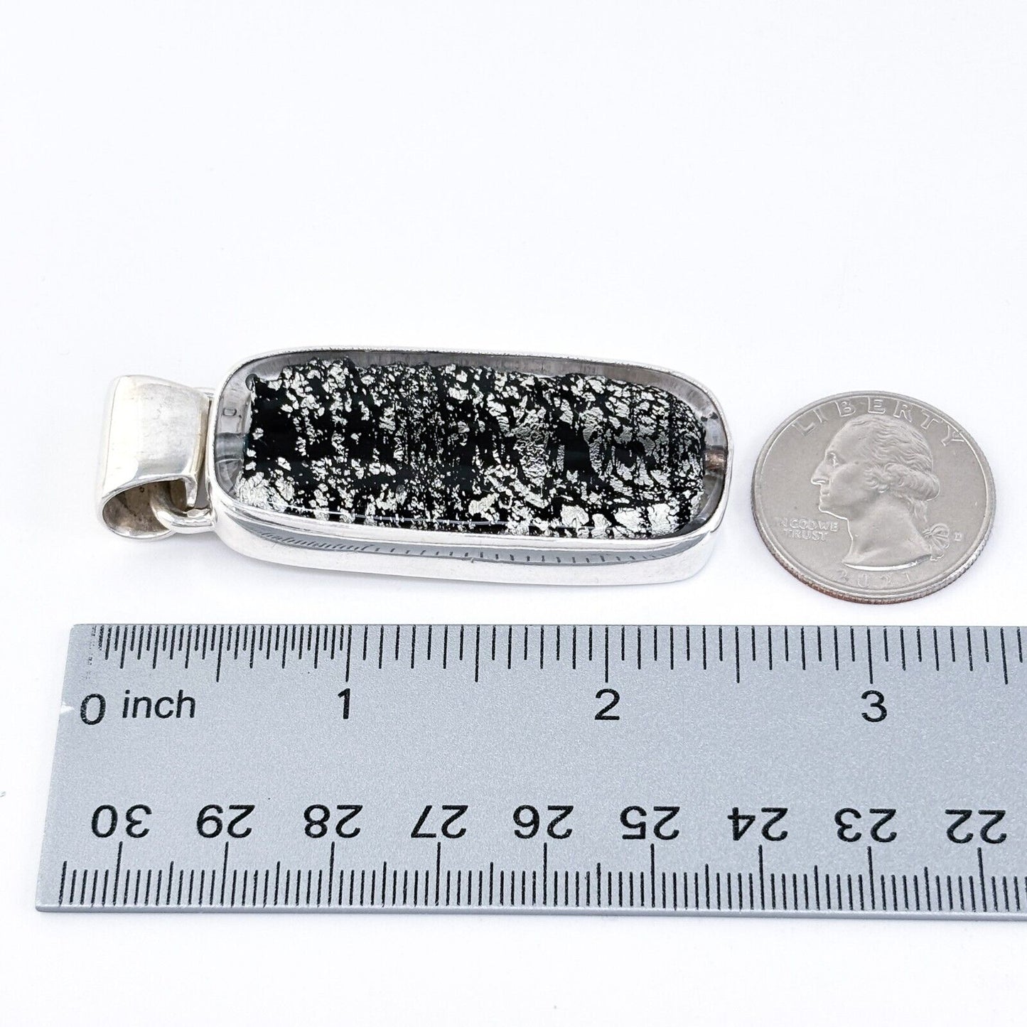 Vintage Sterling Silver 925 6.5cm Black Dichroic Glass Modernist Pendant