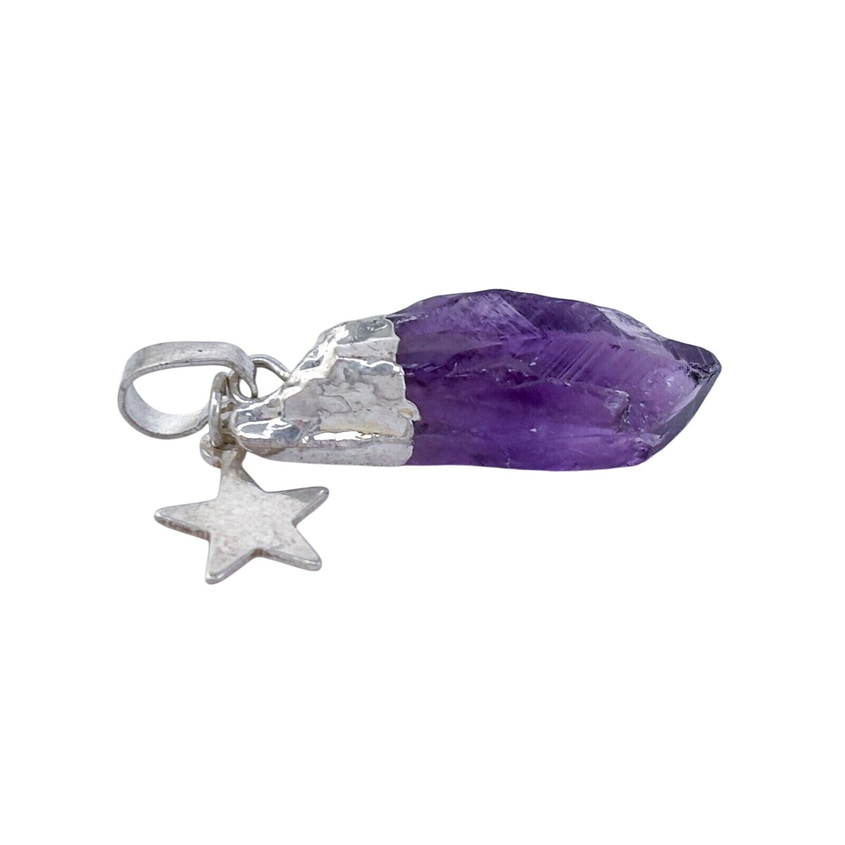 Vintage Silver-Tone Star Charm Amethyst Raw Crystal Pendant