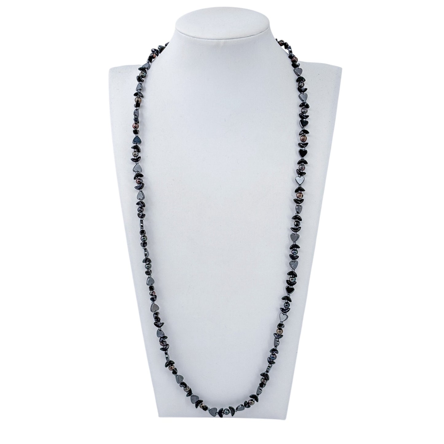 Vintage Sterling Silver 925 Hematite Heart Beaded Necklace 27"
