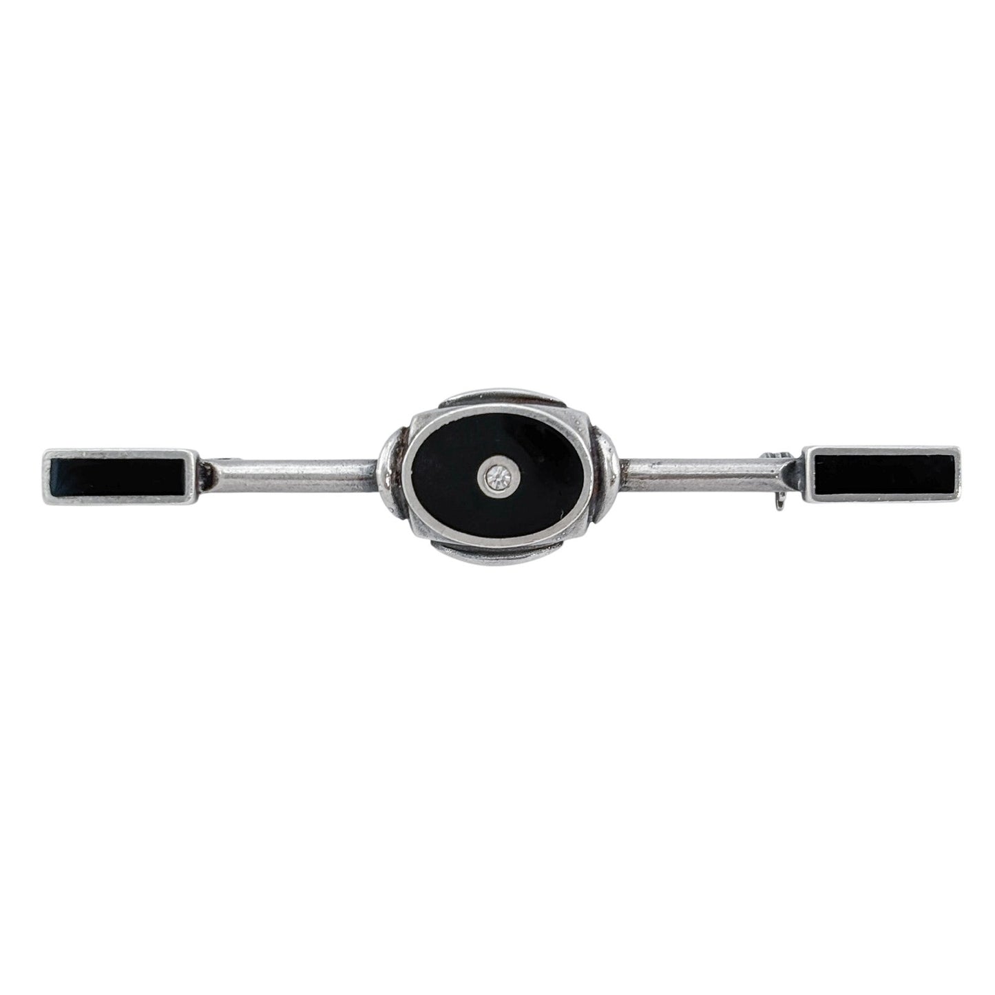 Vintage Sterling Silver 925 Onyx Cubic Zirconia Bar Brooch