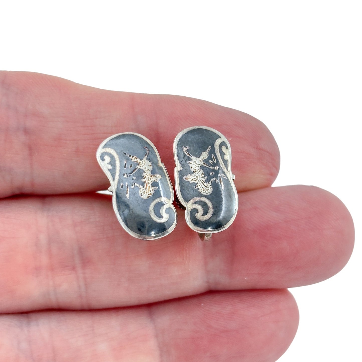 Vintage Siam Sterling Silver 925 Black Niello Dancer Screwback Earrings