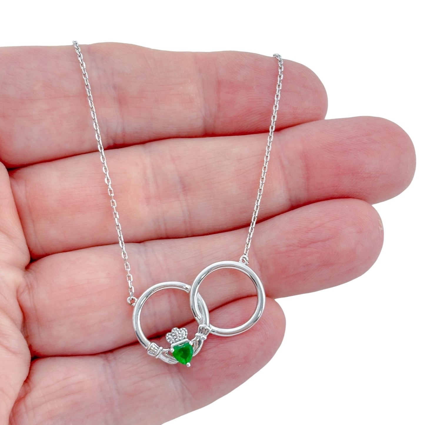 Vintage Sterling Silver 925 Claddagh Lab-Created Emerald Necklace 18"