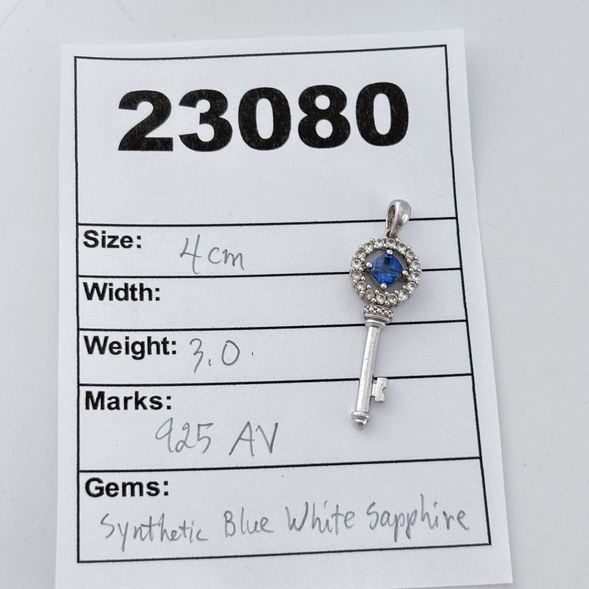 Vintage Sterling Silver 925 Lab Created Blue & White Sapphire Key Pendant