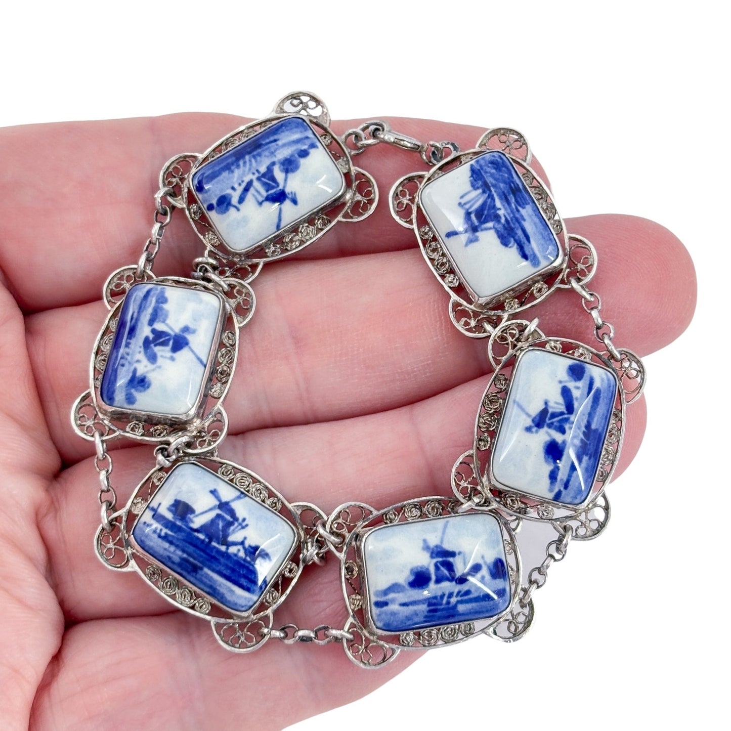 Vintage Delft Holland Sterling Silver 925 Porcelain Bracelet 7.5"