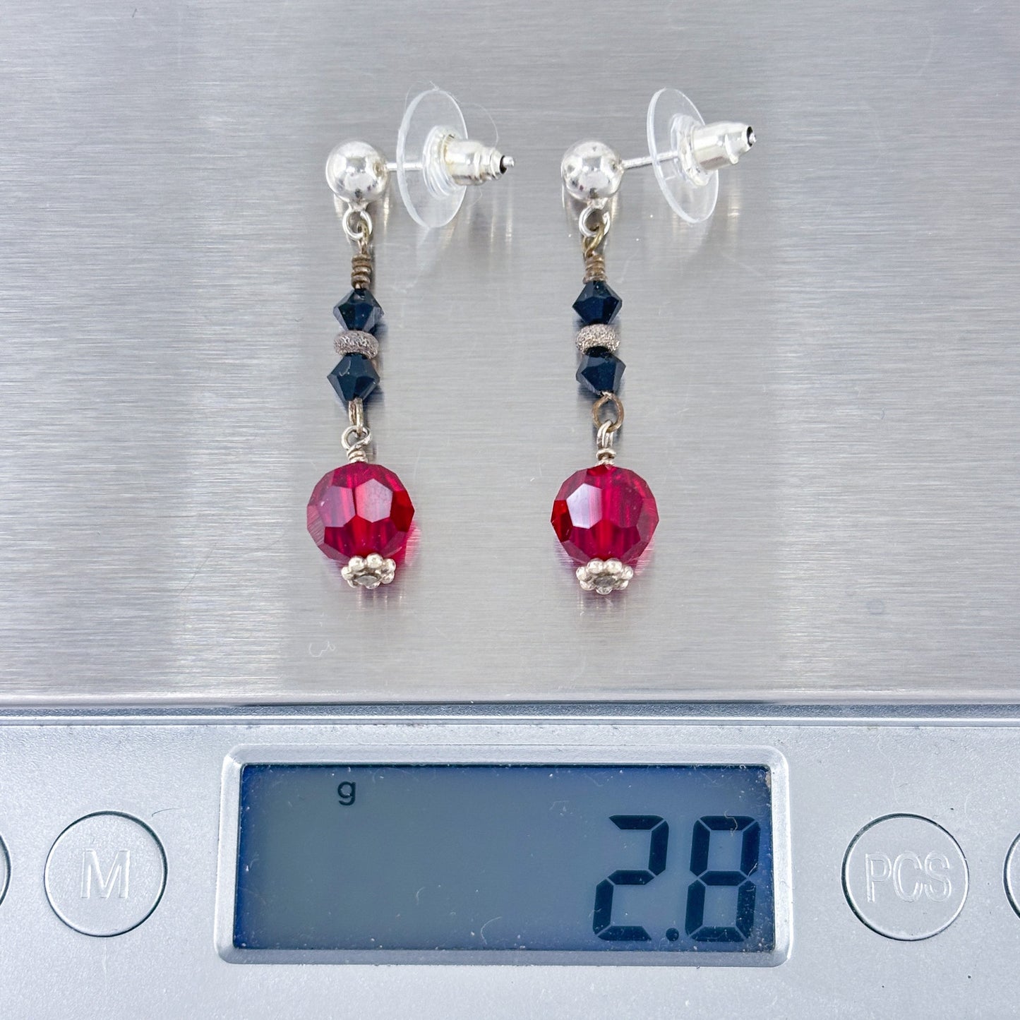 Vintage Sterling Silver 925 Red Crystal Bead Drop Earrings