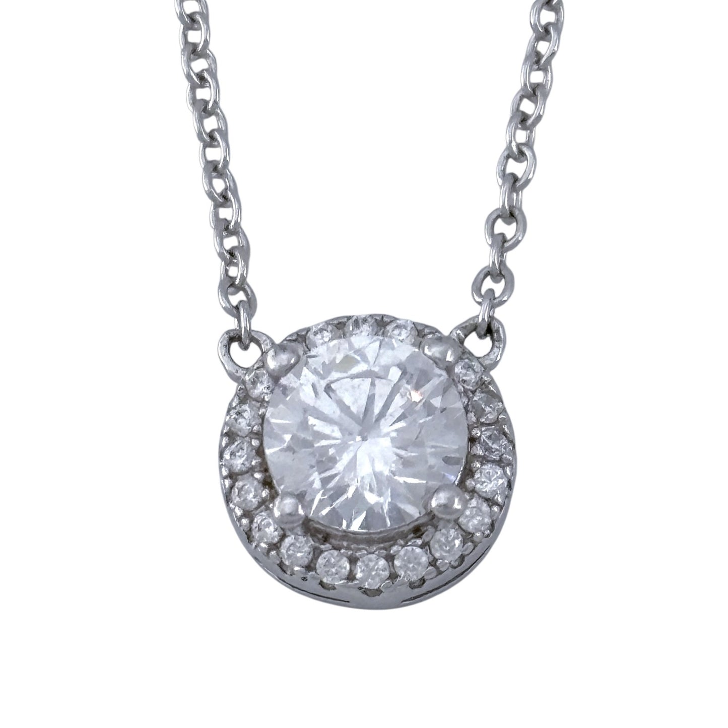 Vintage Sterling Silver 925 Cubic Zirconia Halo Pendant Necklace 16"-18"