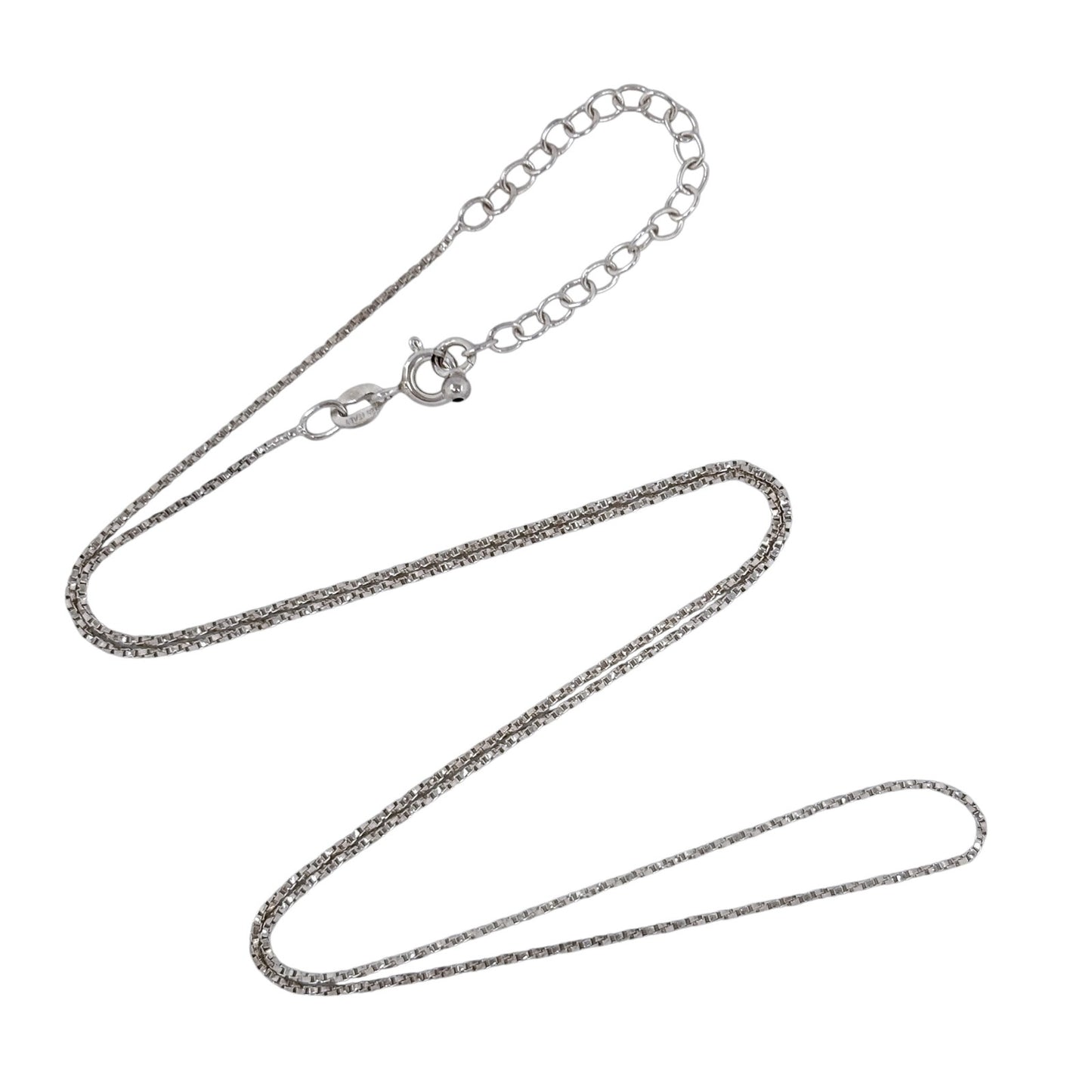 Silver box chain necklace on a white background