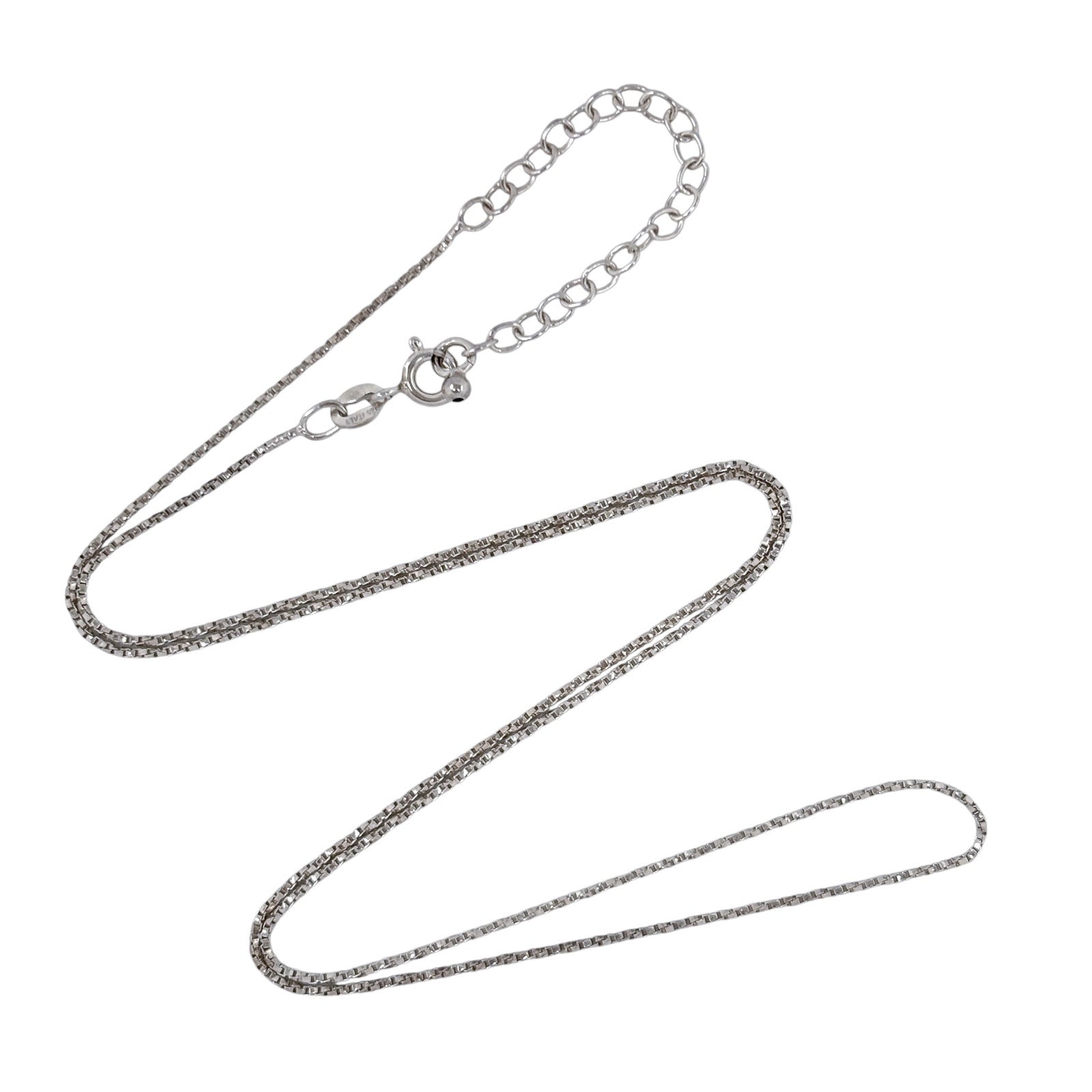 Silver box chain necklace on a white background
