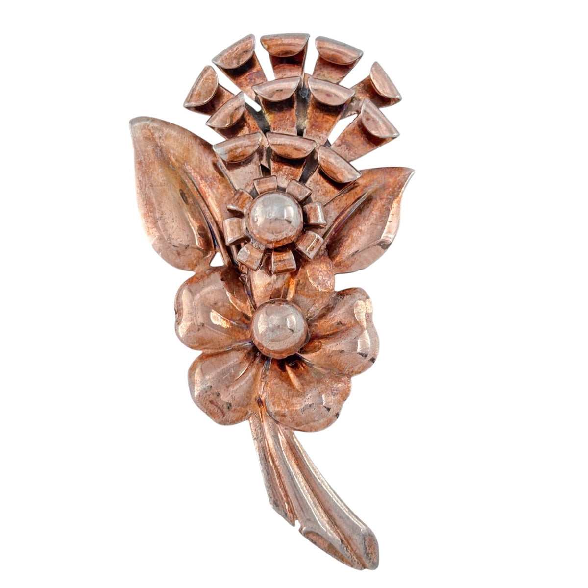 Vintage Rose Gold Vermeil Sterling Silver Double Flower Brooch