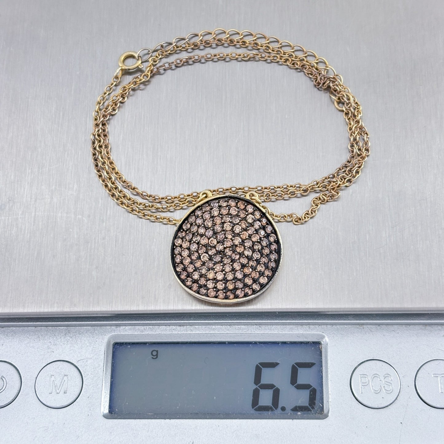 Vintage Gold-Tone Sterling Silver 925 Pave Crystal Disc Pendant Necklace 17"-19"