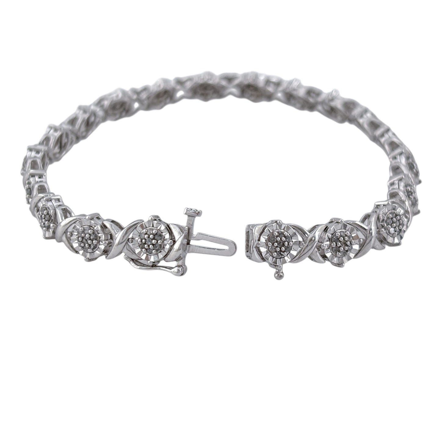 Vintage Sterling Silver 925 Diamond 0.73ctw Flower Link Bracelet 7.5"