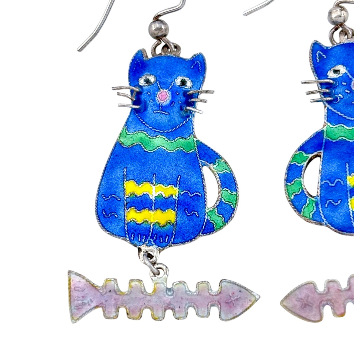 Vintage Sterling Silver 925 Blue Enamel Cat & Fish Dangle Earrings