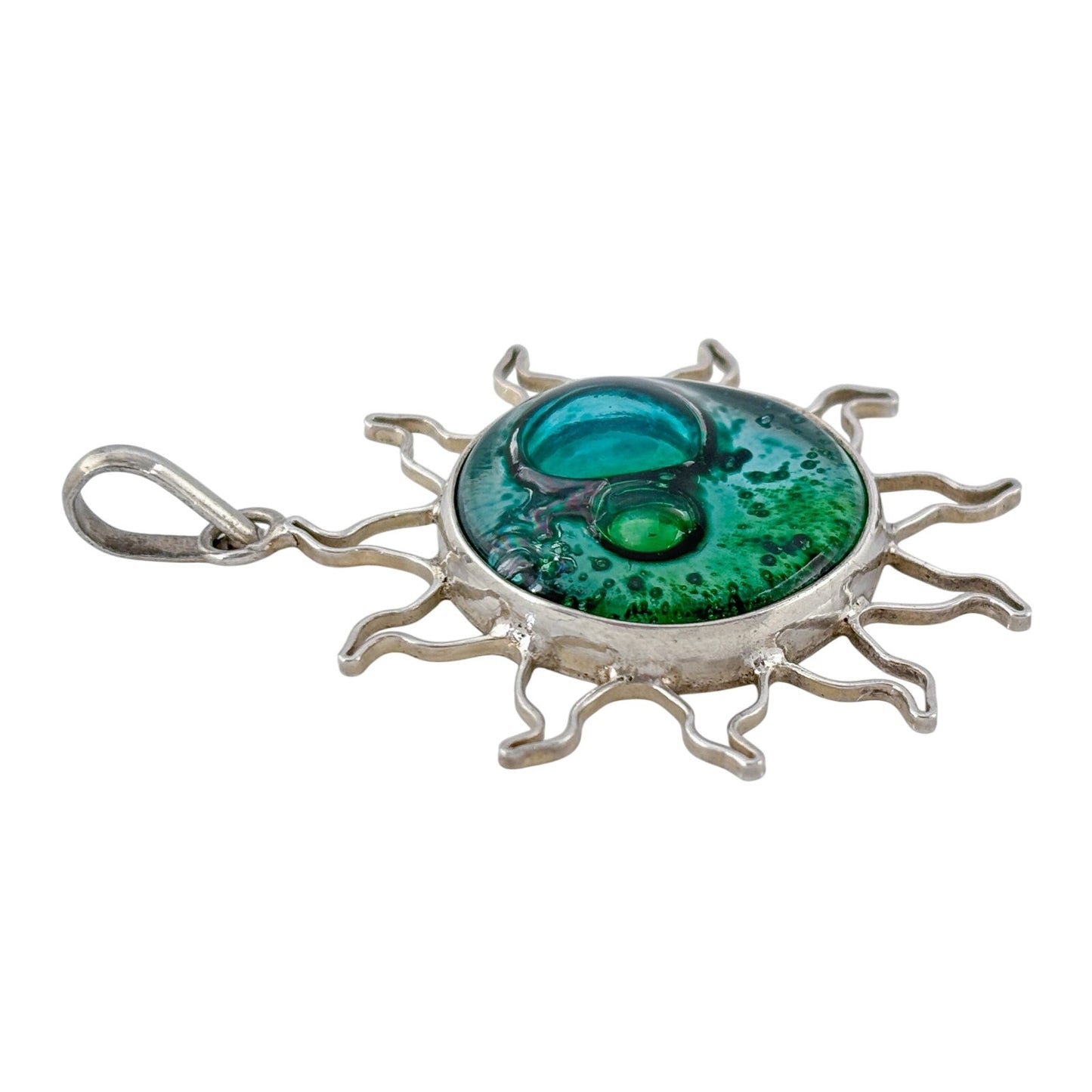 Vintage Sterling Silver 925 Green Glass Sun Pendant