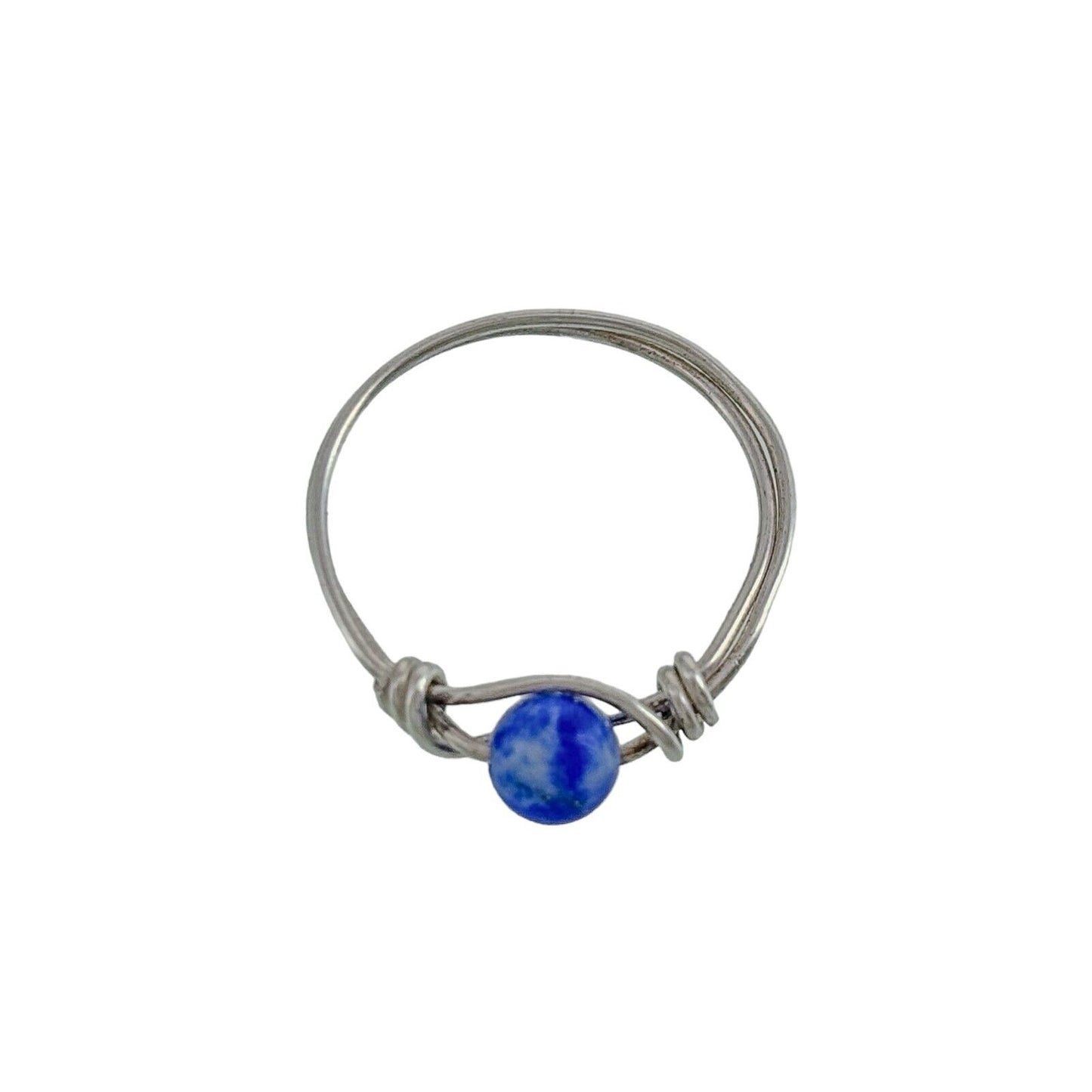Vintage Silver-Tone Wire Wrapped Blue Lapis Lazuli Sphere Bead Ring Size 3