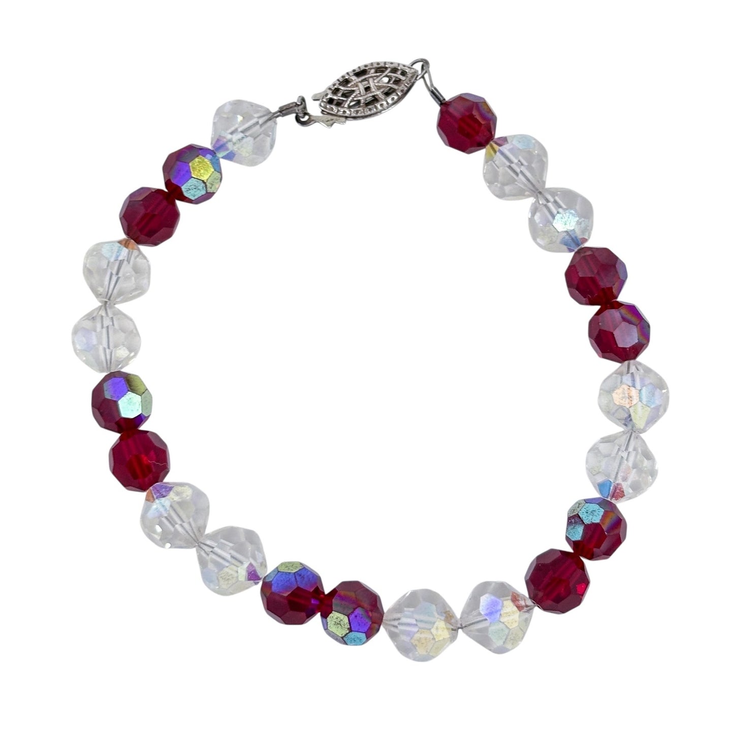 Estate Sterling Silver 925 Red Crystal Beaded Bracelet 7.25"