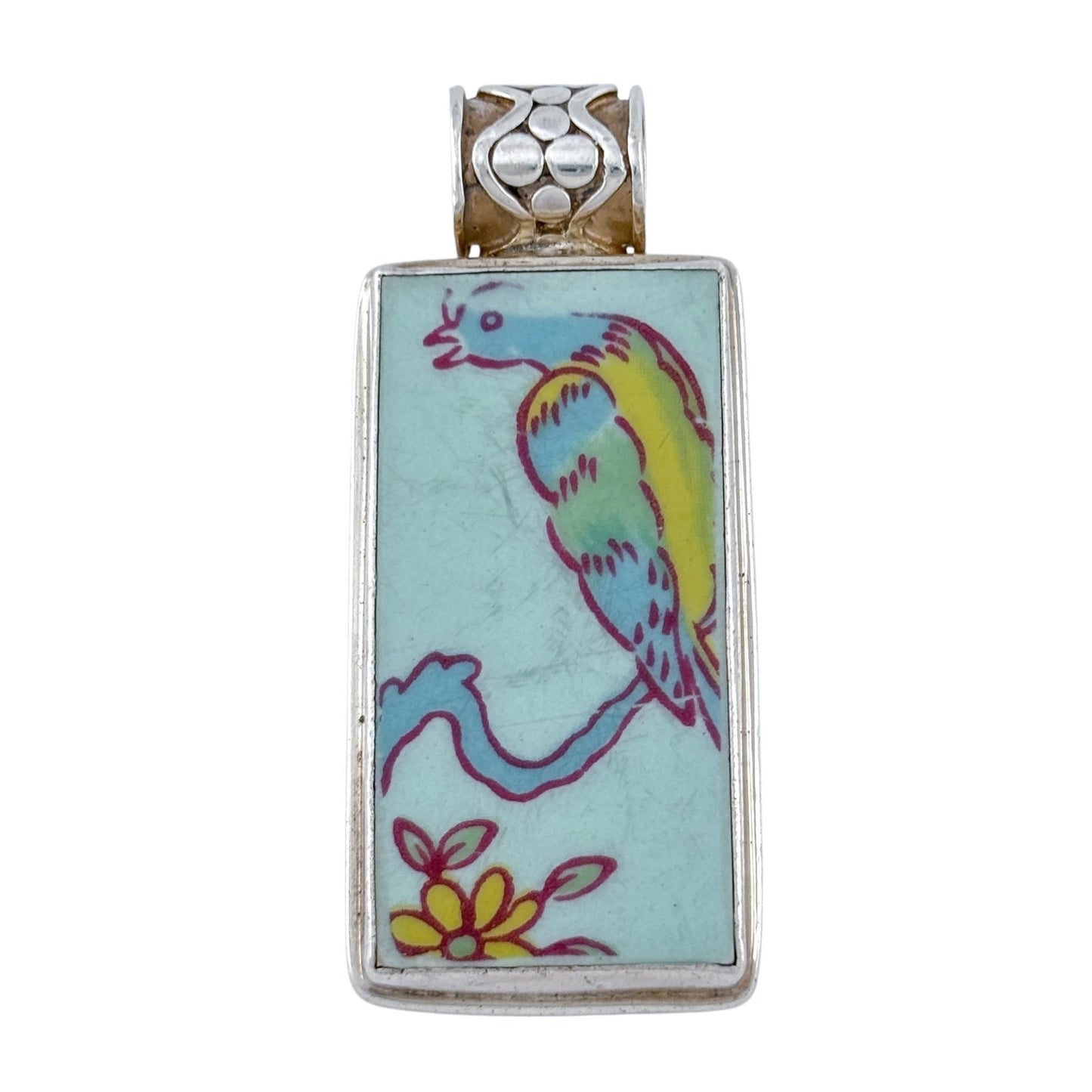 Vintage Sterling Silver 925 Porcelain Bird Pendant