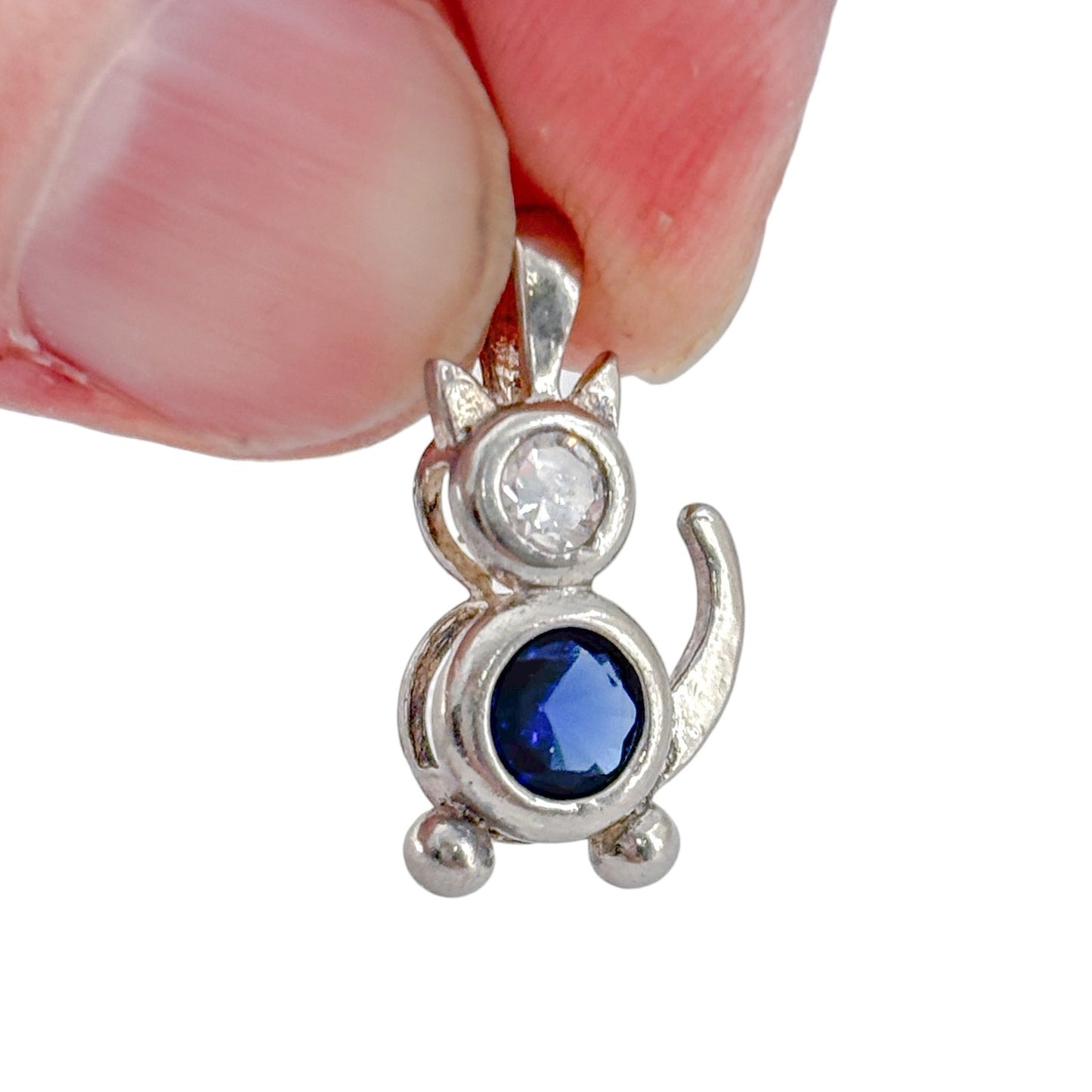Vintage Sterling Silver 925 Blue Cubic Zirconia Cat Charm