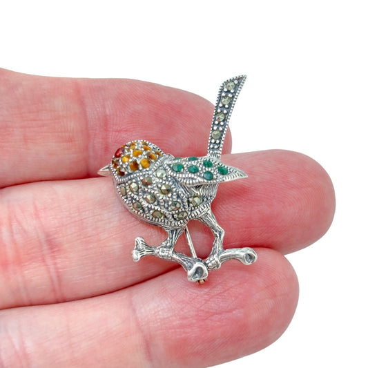 Vintage Sterling Silver 925 Marcasite & Crystal Bird Brooch