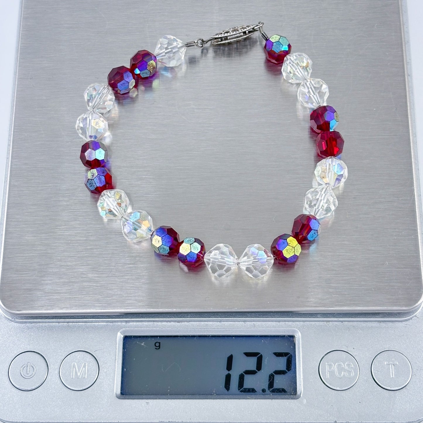 Estate Sterling Silver 925 Red Crystal Beaded Bracelet 7.25"