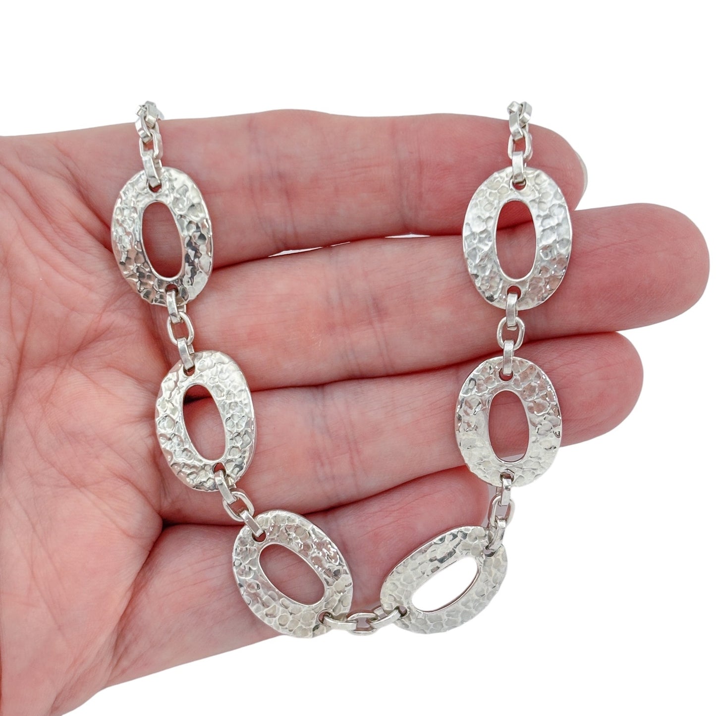 Vintage Sterling Silver 925 Hammered Open Link Necklace 17"