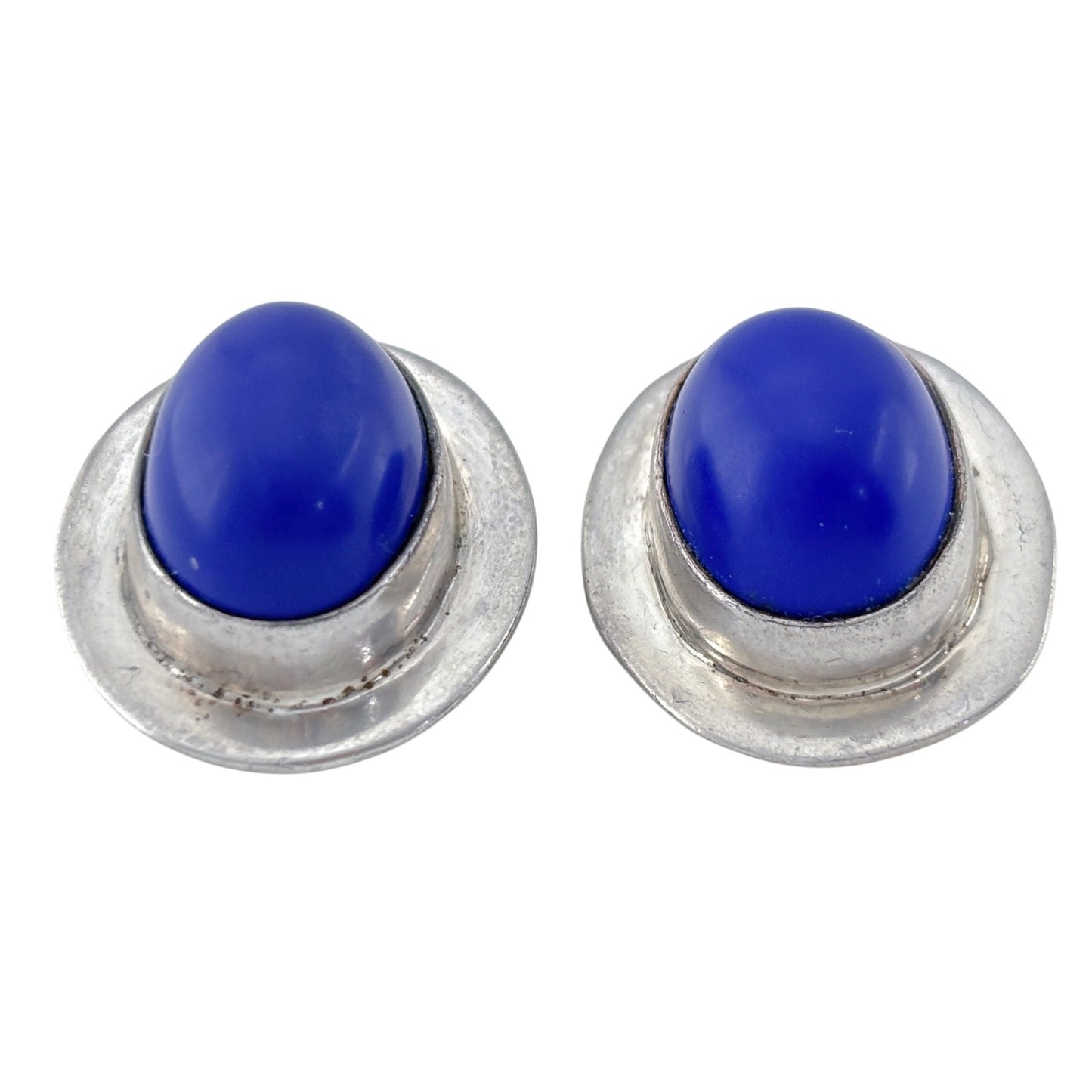 Vintage Mexican Taxco Sterling Silver 925 Blue Cabochon Clip On Earrings