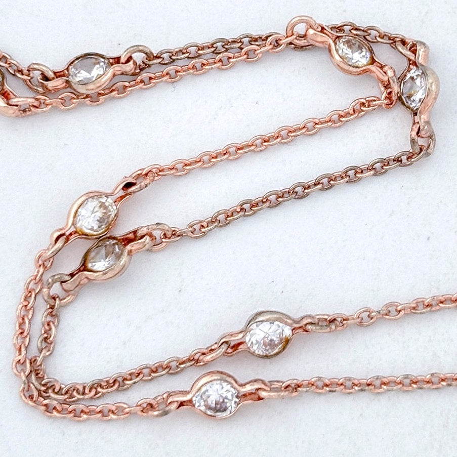 Vintage Sterling Silver 925 Rose Gold-Tone Cubic Zirconia Station Necklace 16"