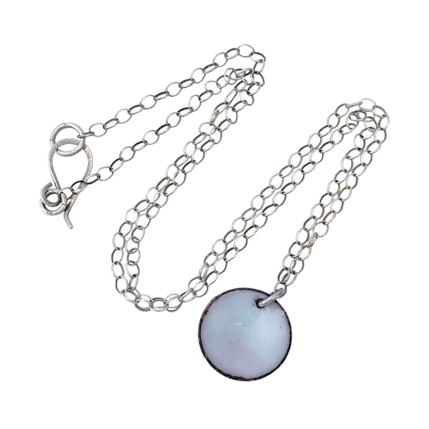 Vintage Silver-Tone Chain Necklace with White Enamel Disk Pendant 16.75"