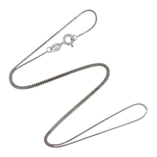 Silver box chain necklace on a white background