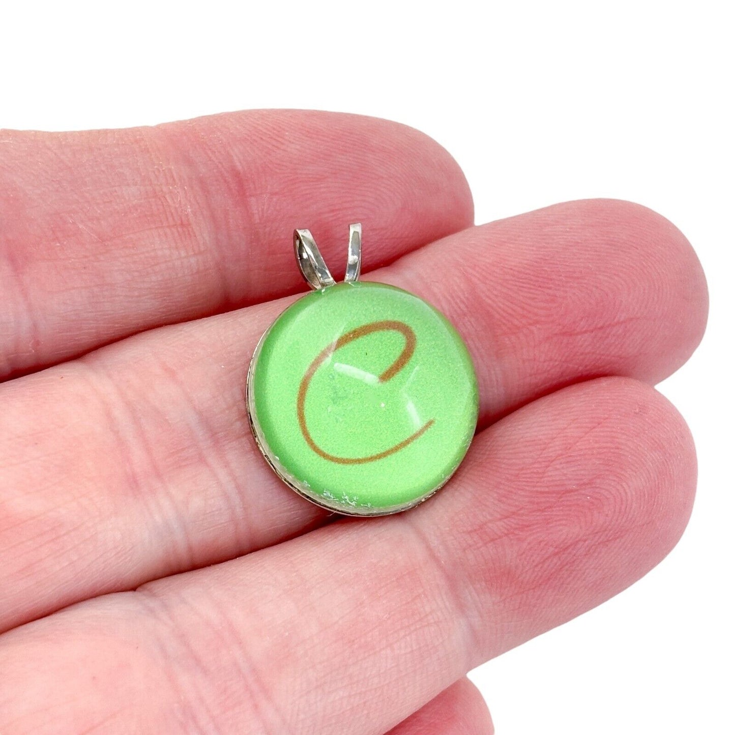 Vintage Silver-Tone Green Glass Monogram "C" Pendant
