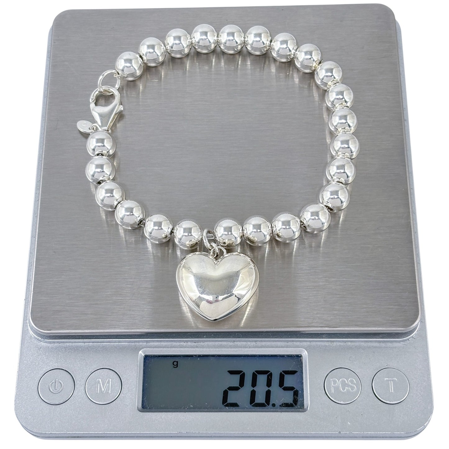 Vintage Milor Sterling Silver 950 Puffy Heart Charm Ball Bead Bracelet | 8.25"