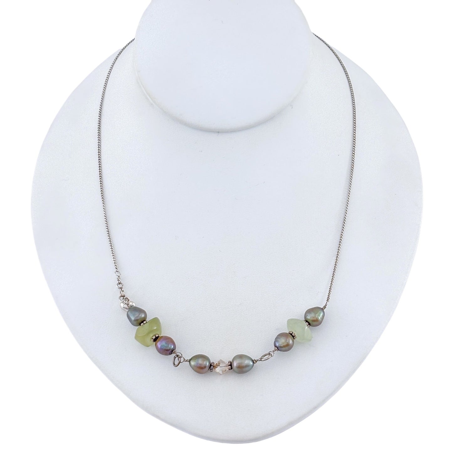 Vintage Sterling Silver Pearl Green Sea Glass Stone Long Necklace 21"
