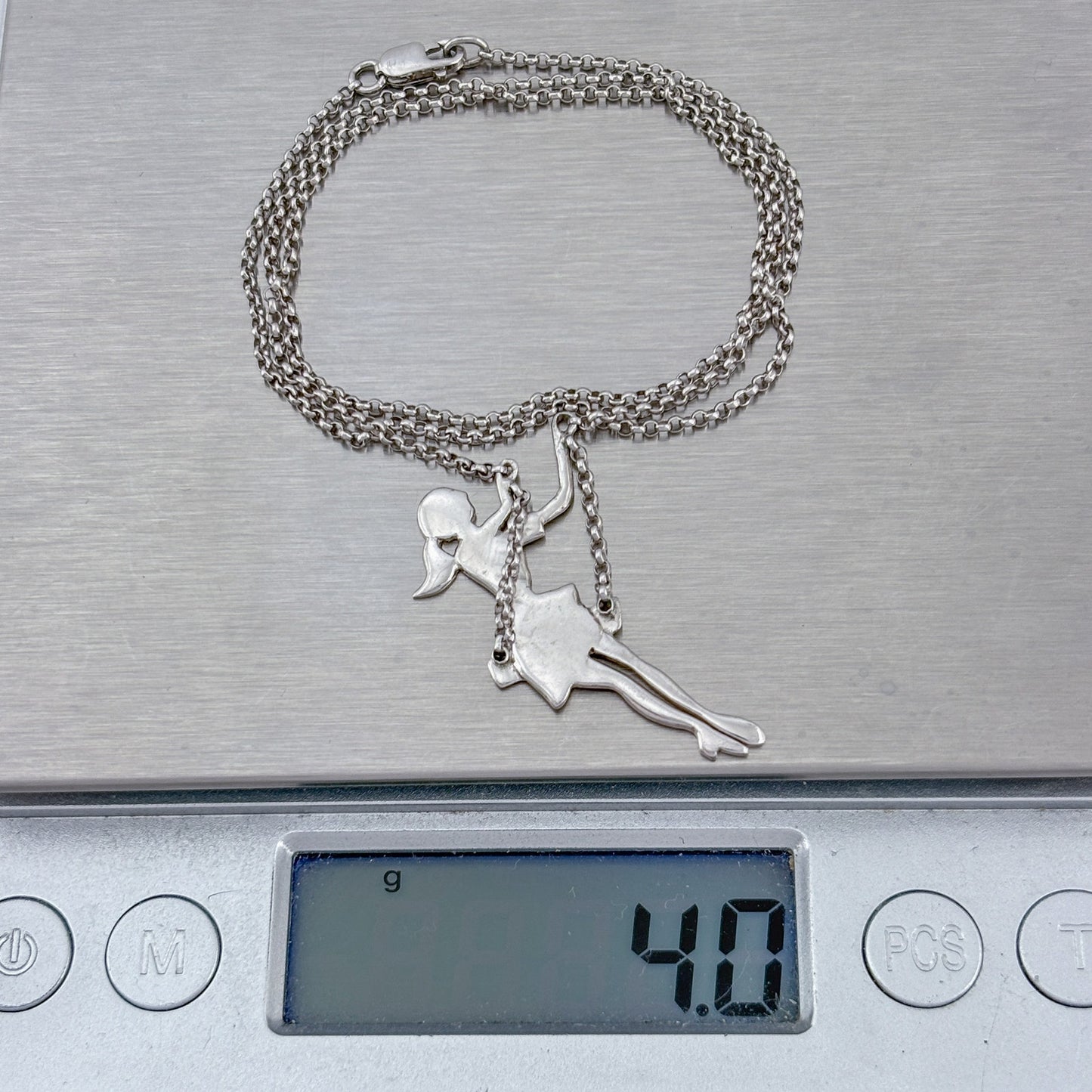 Vintage Sterling Silver 925 Swinging Girl Pendant Necklace 16.5"