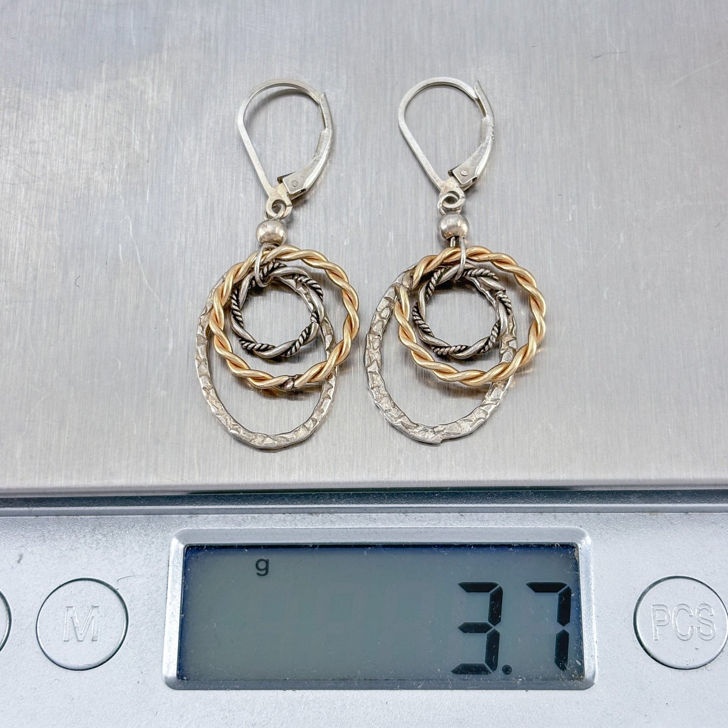 Vintage Sterling Silver 925 Two Tone Hoop Dangle Earrings