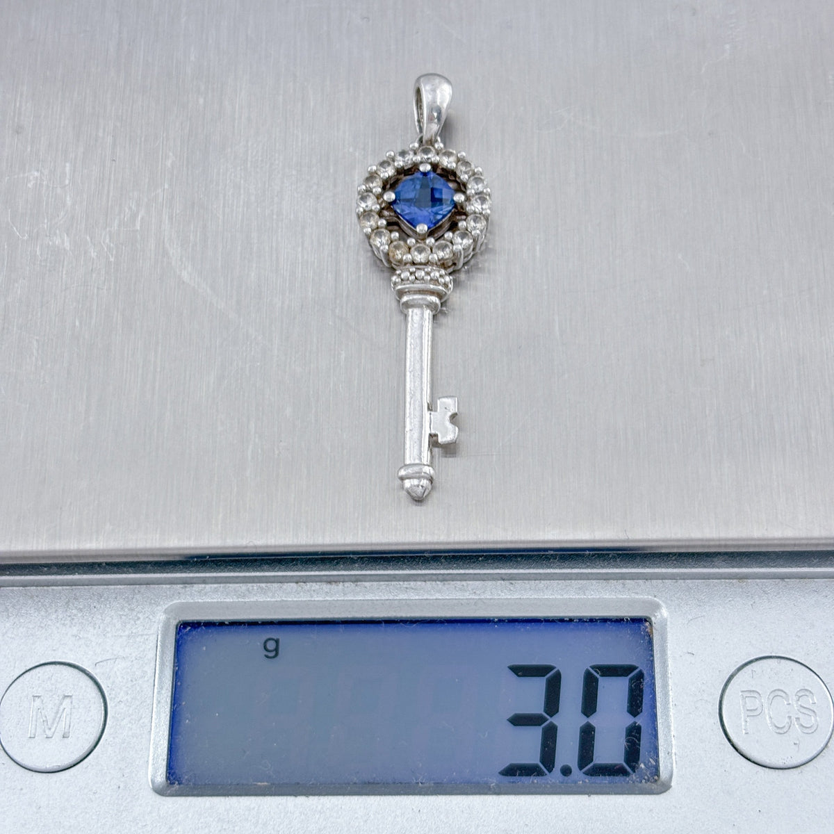 Vintage Sterling Silver 925 Lab Created Blue & White Sapphire Key Pendant