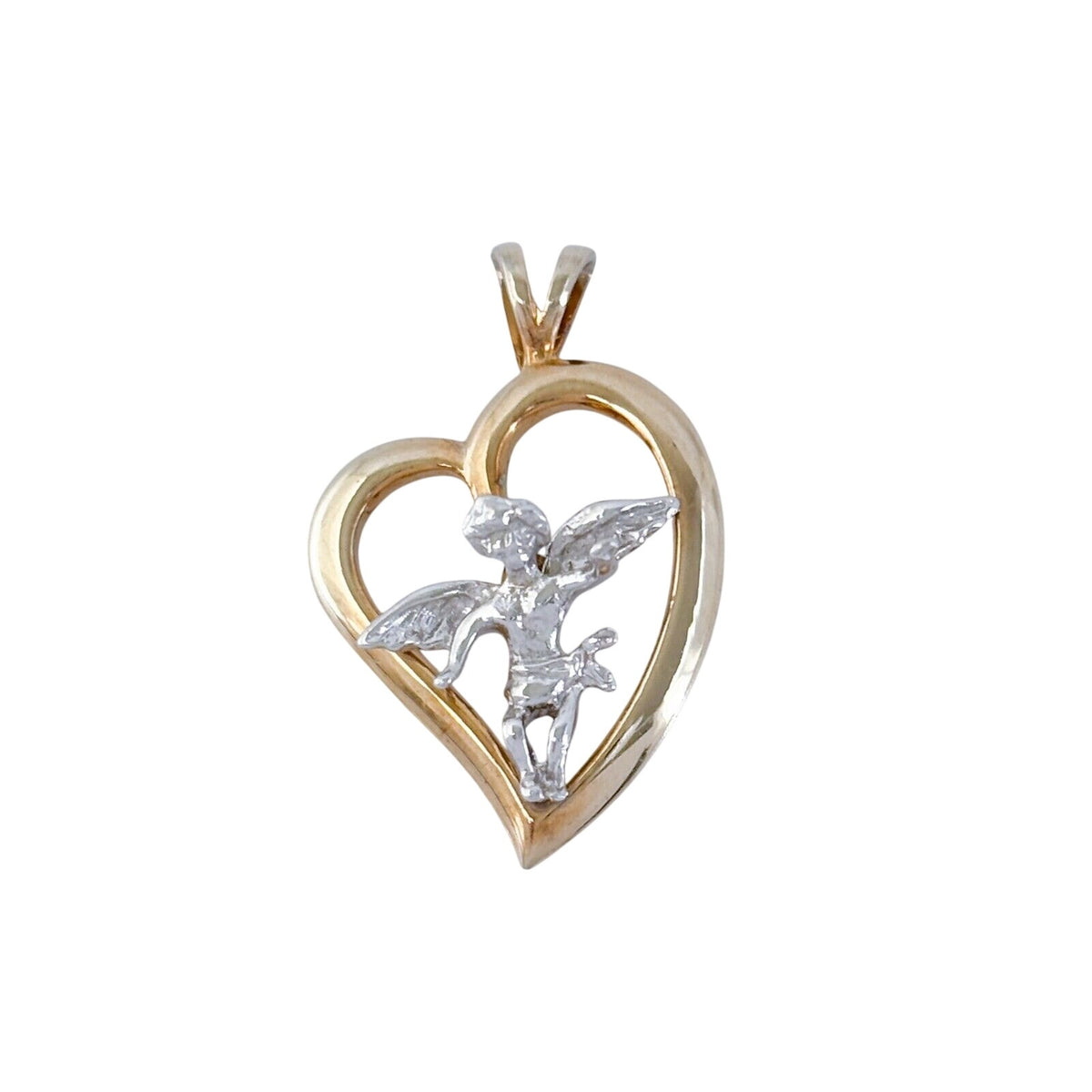 Vintage Sterling Silver 925 Heart and Angel Pendant with Worn Gold Plating