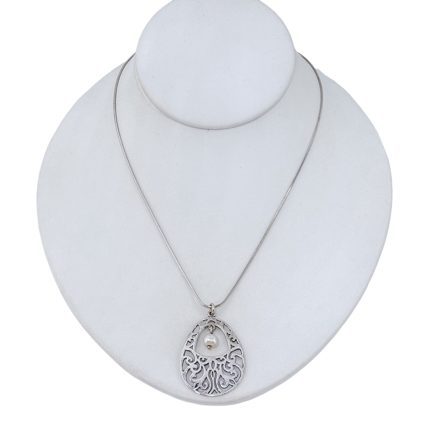Vintage Sterling Silver 925 Ornate Filigree Pearl Pendant 17"
