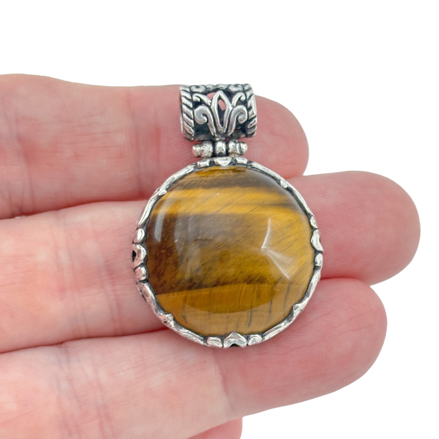 Vintage Sterling Silver 925 Scrollwork Tiger Eye Pendant