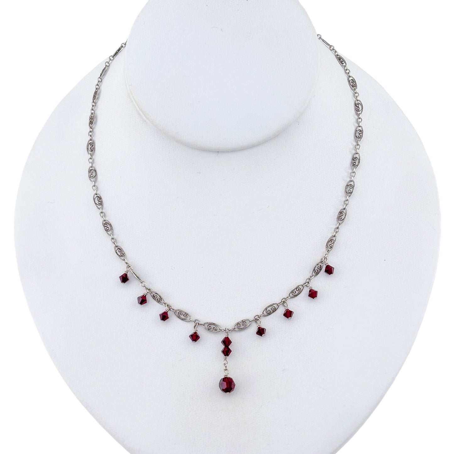 Vintage Sterling Silver 925 Red Crystal Drop Necklace 16.5"