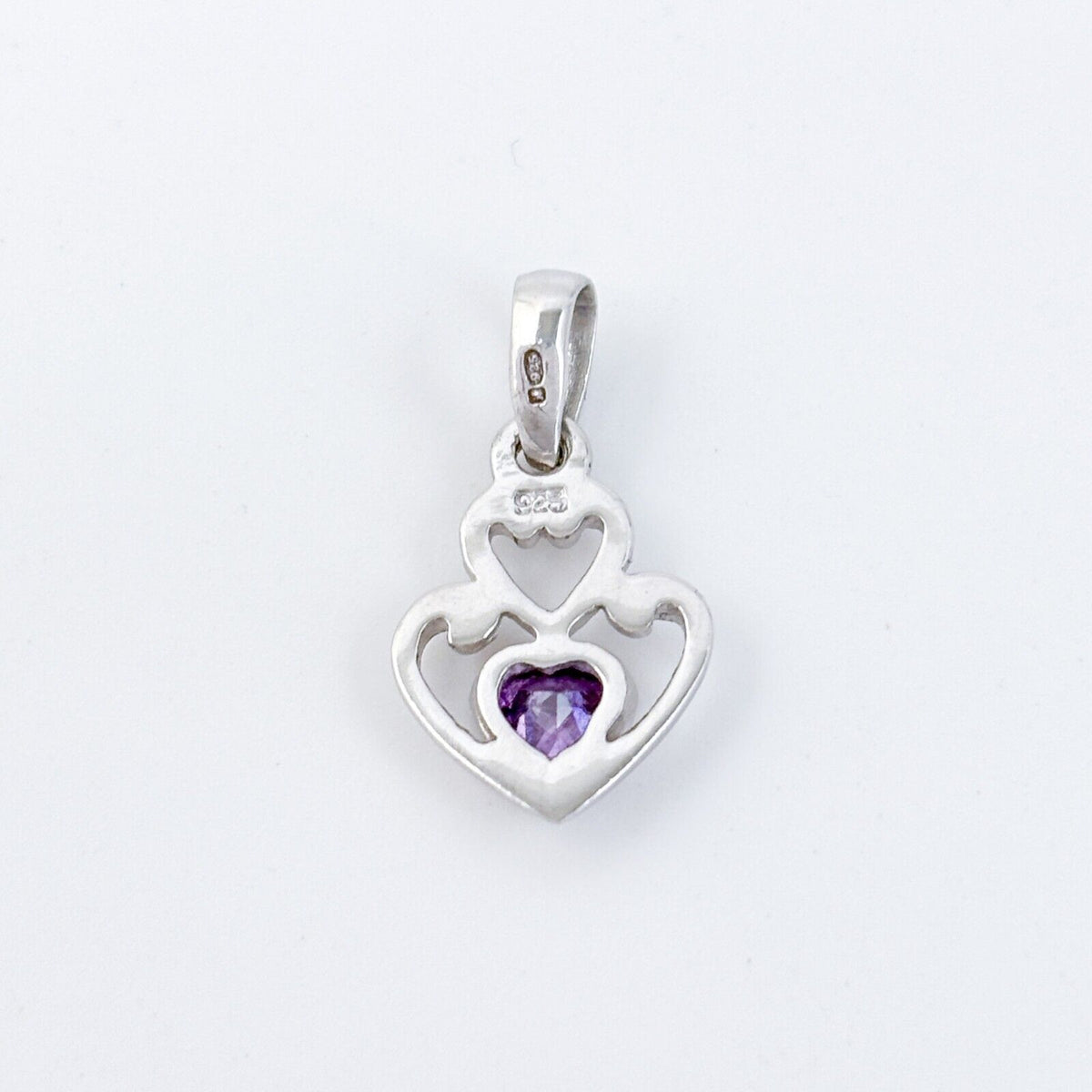 Vintage Sterling Silver 925 Double Heart Purple Cubic Zirconia Pendant