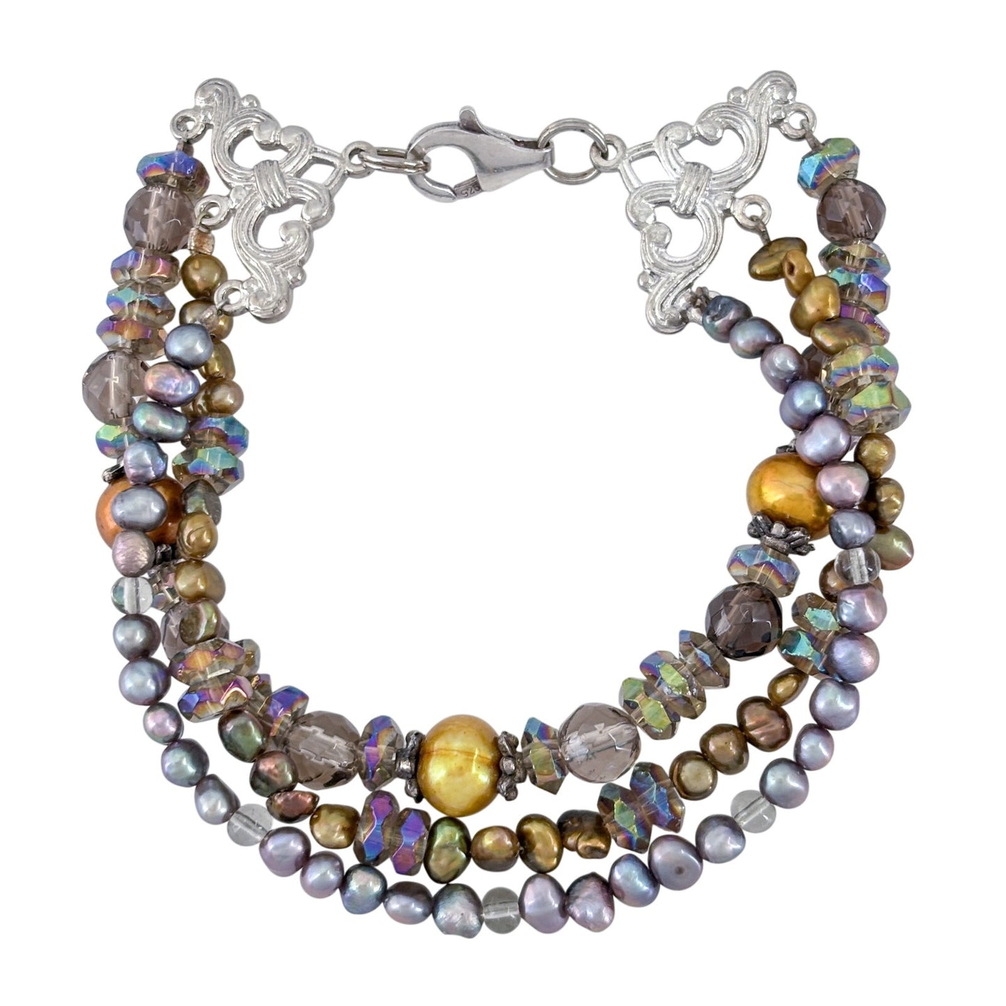 Vintage Sterling Silver 925 Multi Strand Pearl Iridescent Glass Bracelet 7.25"