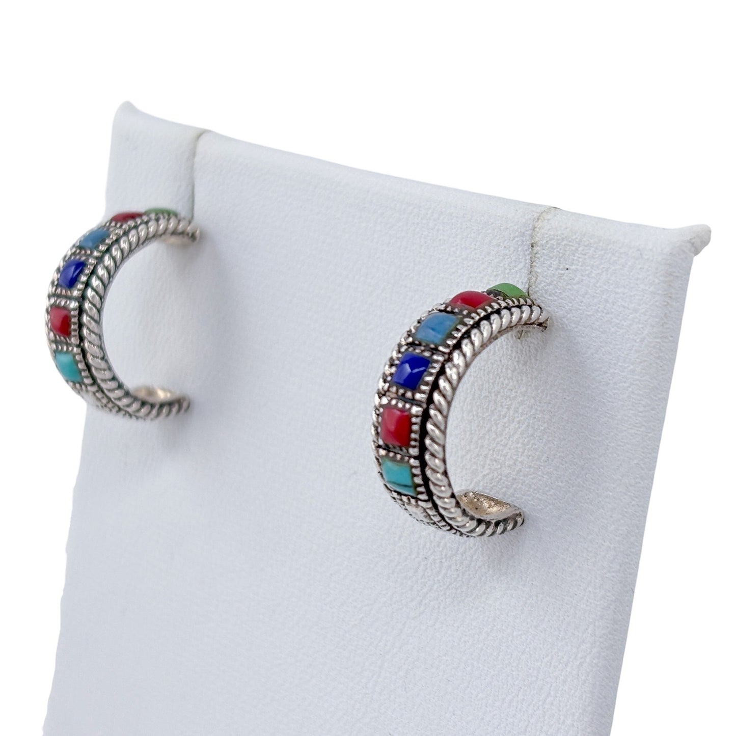 Estate Sterling Silver 925 Multi Gemstone Hoop Earrings