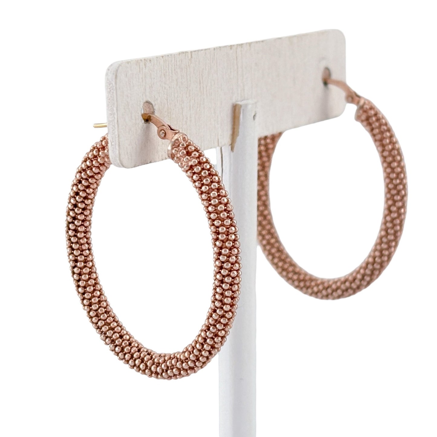 Vintage Rose Gold-Tone Sterling Silver 925 Beaded Hoop Earrings