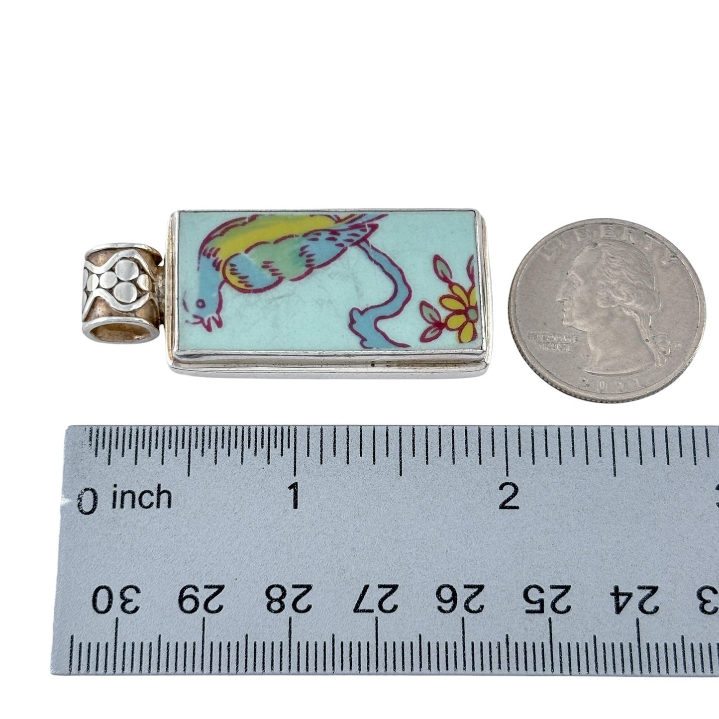 Vintage Sterling Silver 925 Porcelain Bird Pendant
