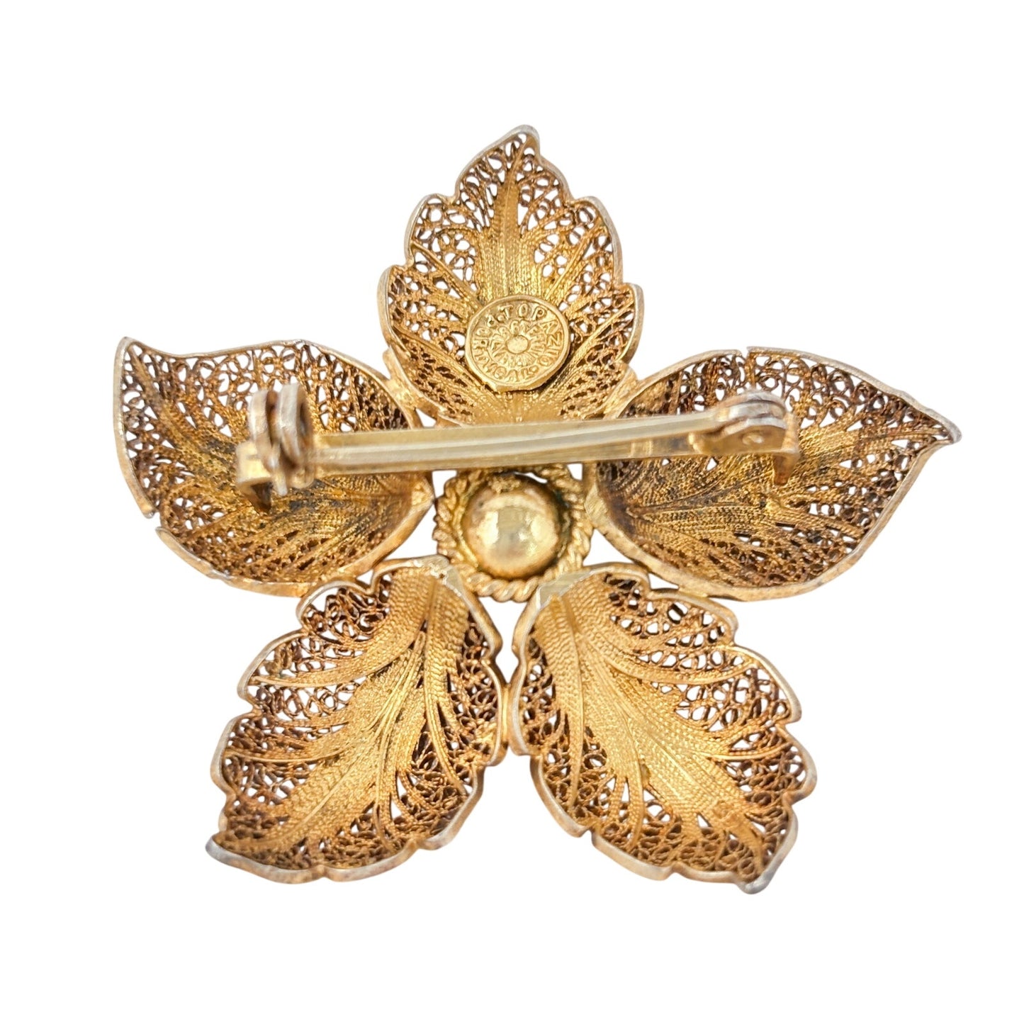 Vintage Topazio Portugal Gold-Tone Sterling Silver Pearl Filigree Flower Brooch