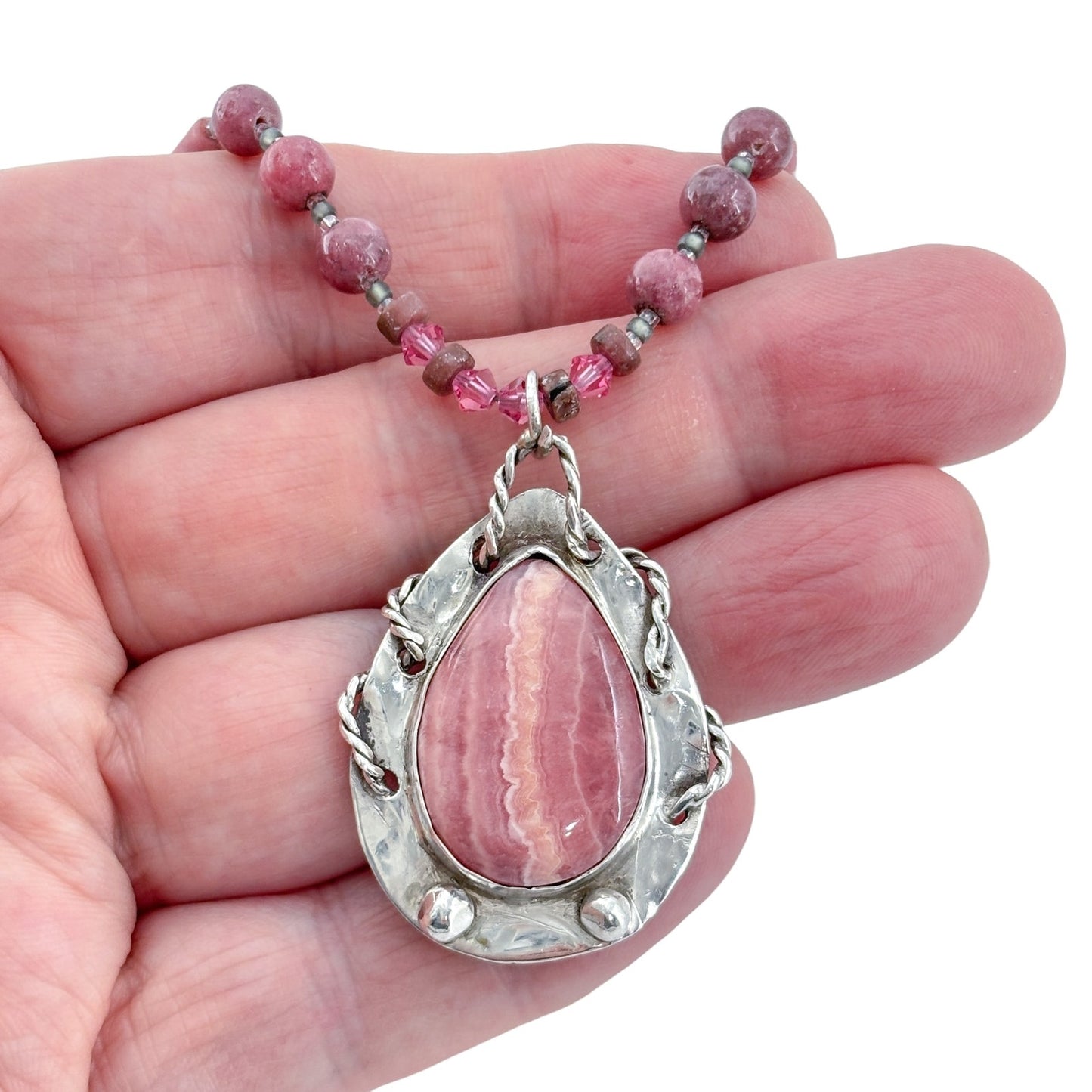 Vintage Sterling Silver 925 Rhodochrosite Pendant Necklace 16"