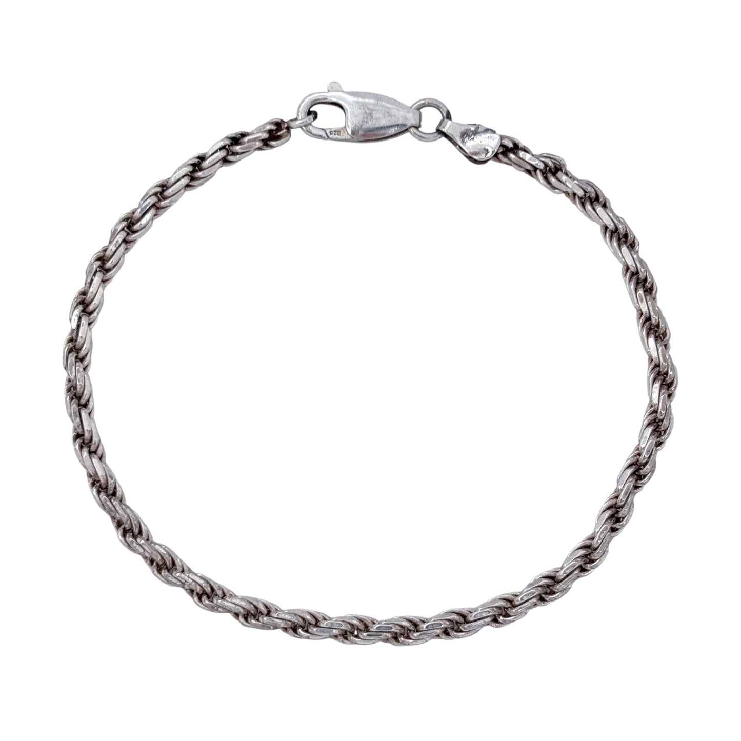 Estate Italy Sterling Silver 925 3mm Rope Chain Bracelet 7.5” | Italian Silver